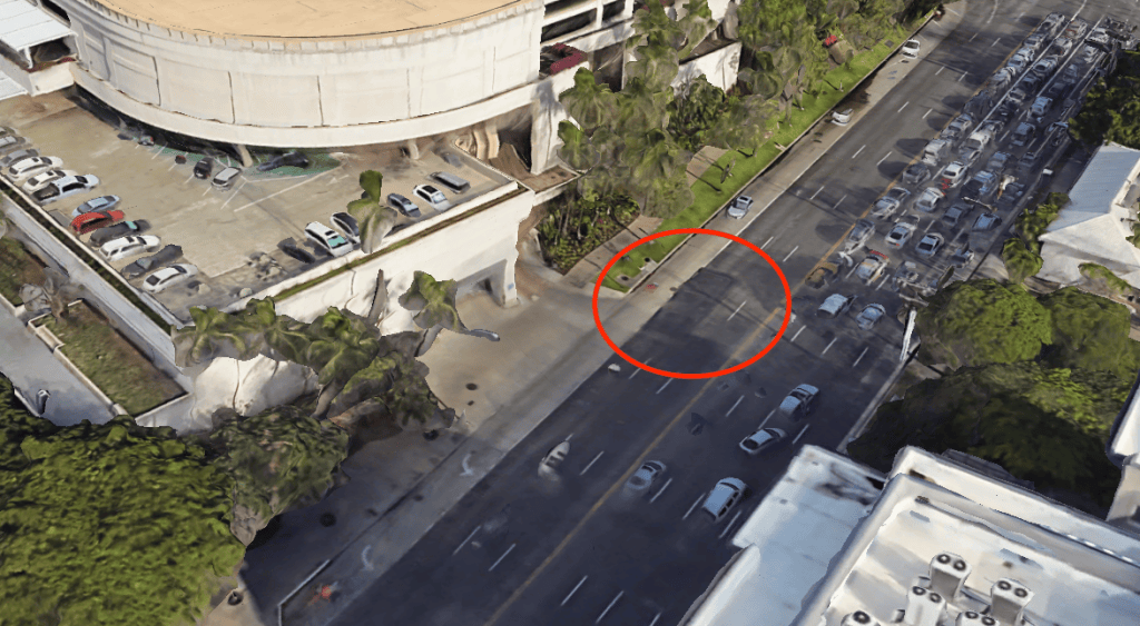 A three-dimensional overhead view with the steel road plates in the 1800 block of Kalakaua Avenue highlighted.